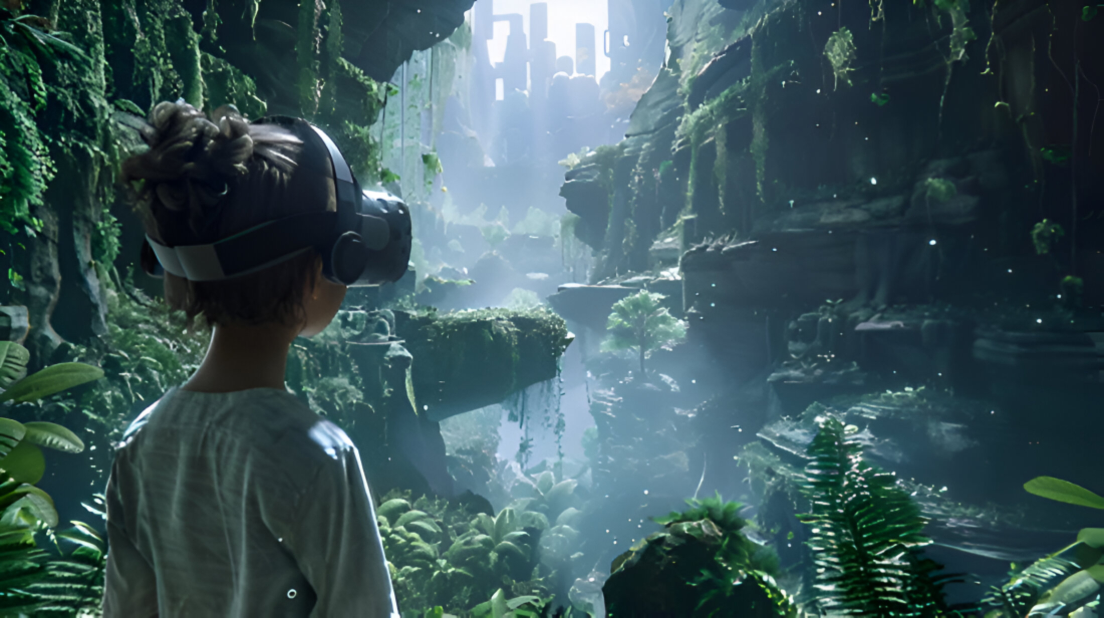 pixelcut-export (2) vr, handset, girl in forest, mountains, UK's First AI Creative Agency, pandragon limited